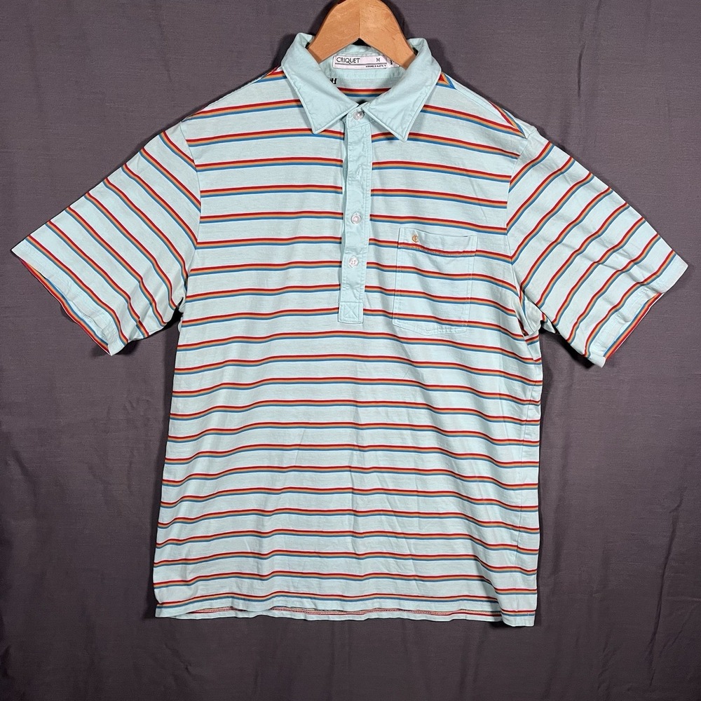 Criquet Shirt Mens M Blue Stripe Polo Golf S/S Pocket Organic Cotton Performance
